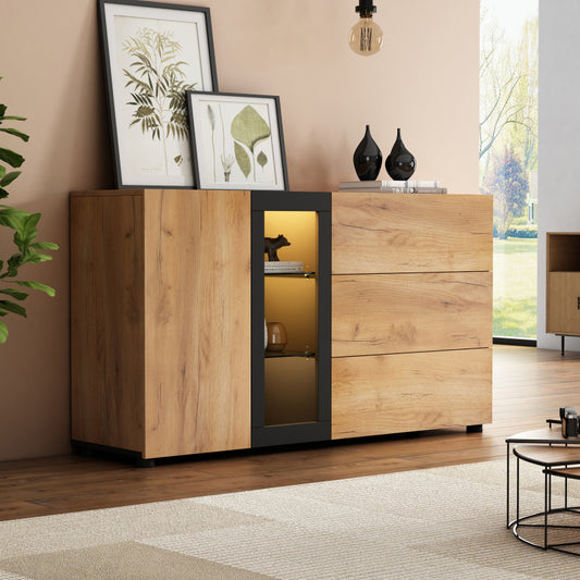 Sideboard, Modernes Anrichte Schrank Buffetschrank Sideboard mit 3 Schubladen,Accent Konsolentisch-Aufbewahrungsschrank mit Glas, Breite 140 cm