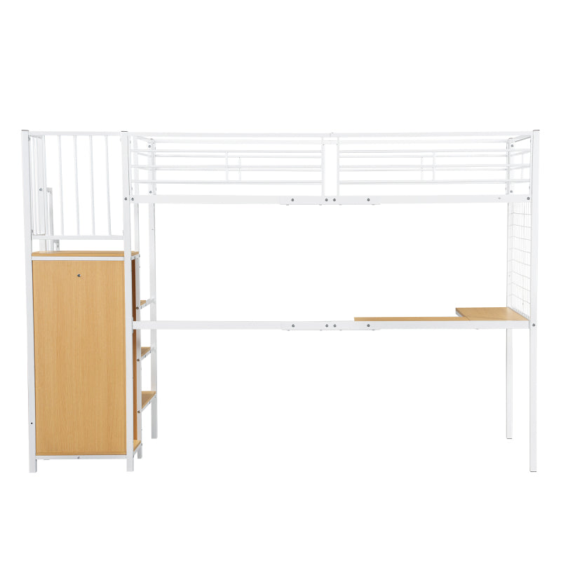 Eisenbett, Etagenbett, Hochbett, Geeignet für Kinder und Jugendliche, mit Tisch und Kleiderschrank, Seitenleiter mit Handlauf, Eisen+Spanplatte, Weiß+Natur, 90x200cm