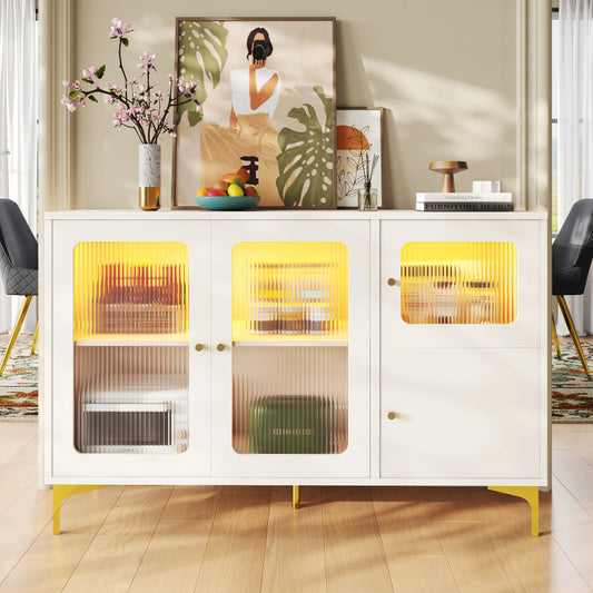 Modernes und schlichtes weißes Sideboard (140 x 40 x 90 cm), Changhong-Glastür-Design, integriertes warmes Umgebungslicht, mit dekorativen Metalldetails und viel Stauraum, geeignet für Esszimmer