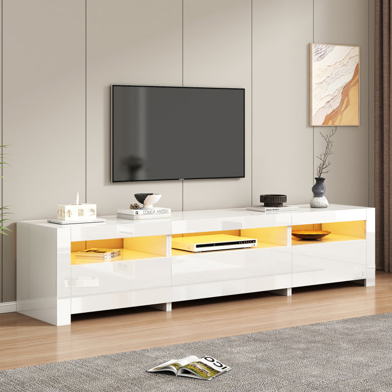 Weißer Hochglanz-TV-Schrank mit LED-Beleuchtung und Stauraum, weißes niedriges Paneel, bietet Platz für 80-Zoll-Fernseher, TV-Unterschrank mit herunterklappbarer Schranktür, 190 x 24 x 40 cm