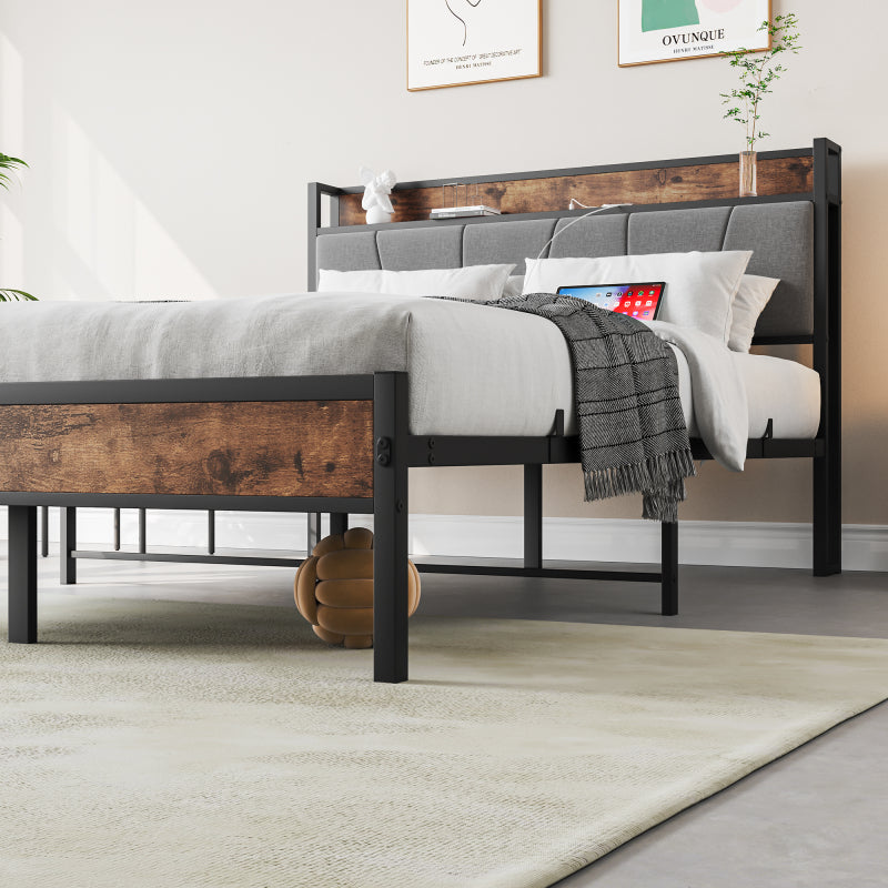 120x200cm Size Bed Frame with Smart LED Lights, Storage Headboard with USB Charging Station, Heavy Duty Metal Slats Support Platform, Noise Free, Easy Assembly, No Box Spring Needed