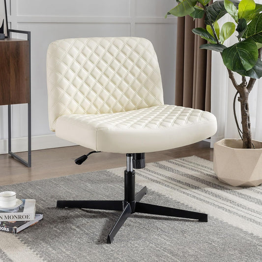 Bürostuhl Ohne Armlehnen,Home Office Stuhl Keine Räder,Heavy Duty Metallbasis,120°Schaukelnder breiter Sitz Ergonomischer Stuhl, Dicken gepolsterte Dreh Eitelkeit Stuhl für Heim und Büro Beige+PU+Metal