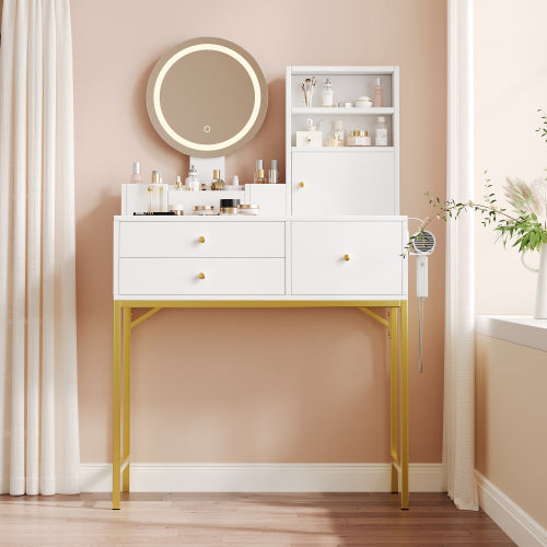 Schminktisch Weiß 80 cm, Frisiertisch mit LED Spiegel, Integrierte Steckdose mit USB & Föhnhalter