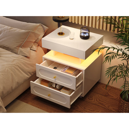 Nachttisch mit LED-Beleuchtung, Nachtkommode mit 2 Schubladen & offenem Fach, weißer Nachtschrank aus Spanplatte, B50×T40×H60 cm