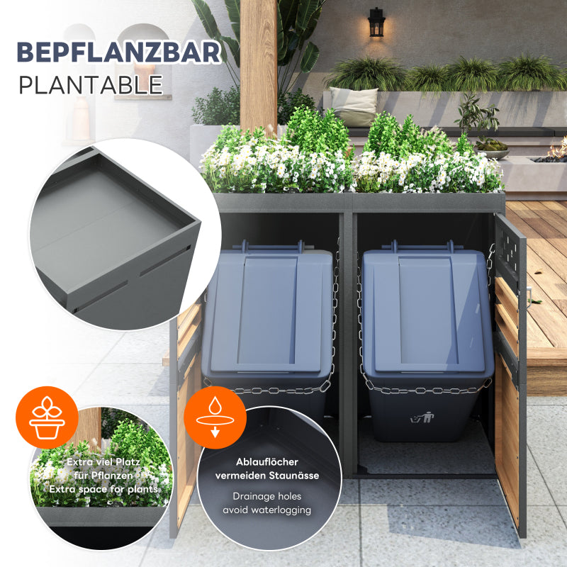 Mülltonnenbox 2er mit Pflanzdach, 120-240 Liter, Anthrazit  Tür in Holzoptik inkl. Erweiterungsmöglichkeit ,Aufbewahrungsbox für Mülltonnen, Müllbox (Das Produkt enthält keinen eingebauten Mülleimer)