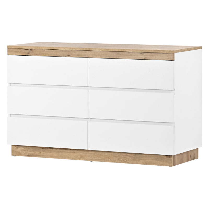 Kommode mit 6 Schubladen, Schließfach,Funktion von Aufbewahrung, für Schlafzimmer und Wohnzimmer, E1-Spanplatte, weiß+oak