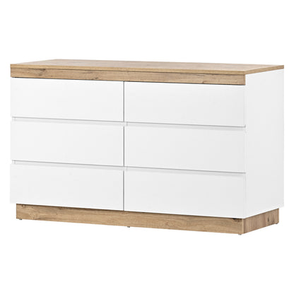 Kommode mit 6 Schubladen, Schließfach,Funktion von Aufbewahrung, für Schlafzimmer und Wohnzimmer, E1-Spanplatte, weiß+oak
