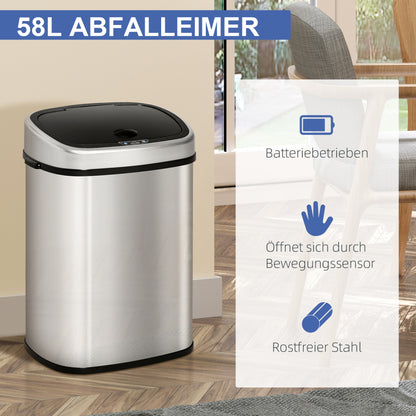 Mülleimer 58L automatischer Abfalleimer mit Infrarotsensor, hygienisch, groß, Edelstahl Silber