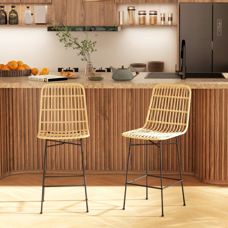 Barhocker 2er-Set Boho-Stil aus Rattan mit Rückenlehne und Stahl bis 120 kg, 45 x 53,5 x 105 cm, Natur & Schwarz