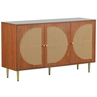 Sideboard mit 3 Rattan verzierten Türen Kommode Highboard mit Metallgriffe, für Schlafzimmer & Wohnräume & Büro, Nussbaum 129.8x 40x 76cm