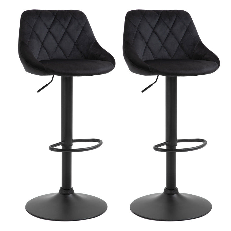 Barhocker 2er-Set Höhenverstellbar Schwarz Bistrohocker mit Fußstütze und Rückenlehne aus Samt & Metall
