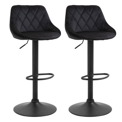 Barhocker 2er-Set Höhenverstellbar Schwarz Bistrohocker mit Fußstütze und Rückenlehne aus Samt & Metall