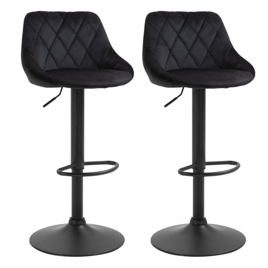 Barhocker 2er-Set Höhenverstellbar Schwarz Bistrohocker mit Fußstütze und Rückenlehne aus Samt & Metall