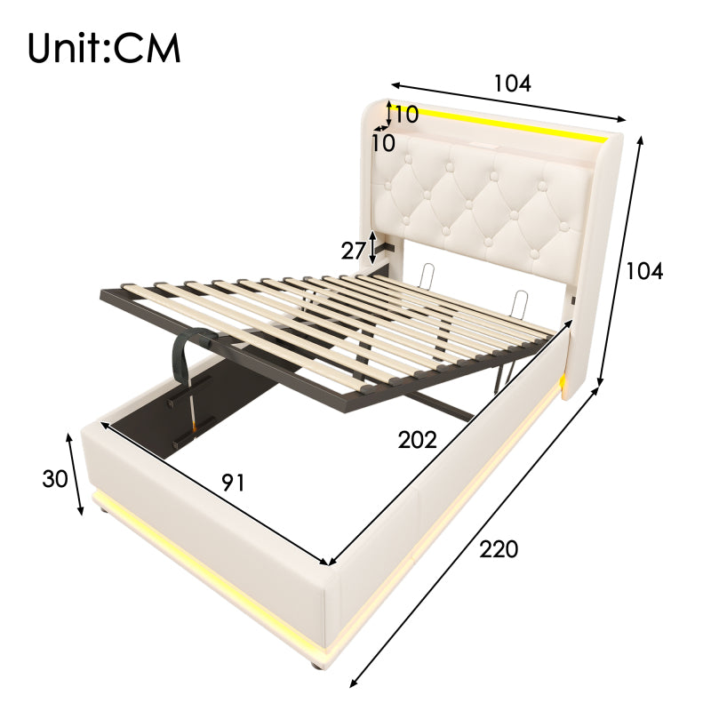 Polsterbett einzelbett, 360-Surround-LED-Funktion, Drucktaste/App/Fernbedienung, 90*200 cm, weiß PU-Material Hydraulisches Lagerbett, gepolstertes Kopfteil mit USB Typ-C Ladefunktion (Mit Matratze)
