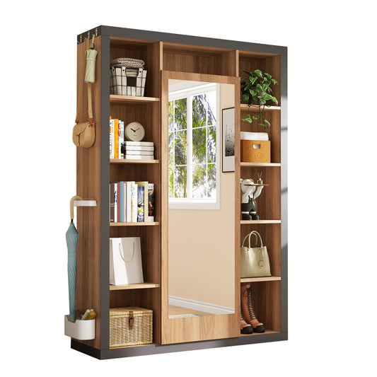 Garderobengestell mit Spiegel, Multifunktions Garderobe und Vitrine, Bücherregal Kombination mit Abtropfschale, Haken und Kleiderbügeln