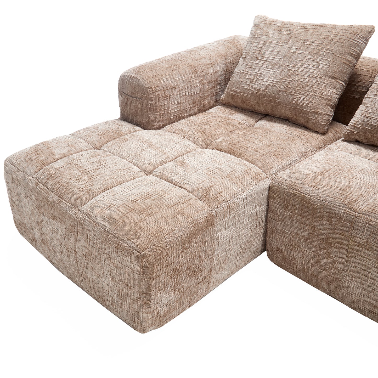 Modernes Sektionssofa, L-Sofa, 3-Sitzer-Sofa, keine Installation erforderlich, Chenille-Sofa mit Chaiselongue und Armlehnen, 3 Kissen, Seitentasche für Fernbedienung, khaki