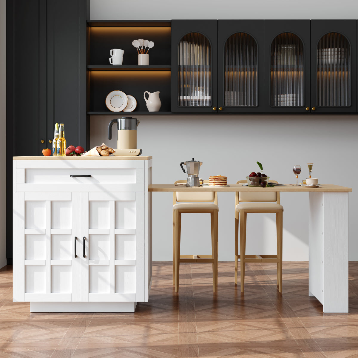 Bartisch ausziehbar 133-202cm, Kücheninsel mit Marmor-Optik & Stauraum, Esstisch für 2-6 Personen, Küchenwagen mit Schubladen & Regalen, Weiß