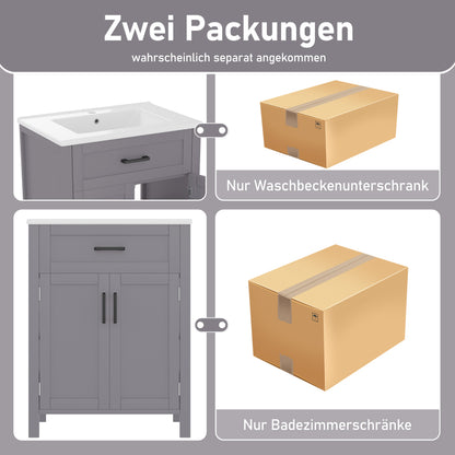 Bodenstehender Badezimmerschrank mit Waschbecken,Waschtisch,Volllackierung, integriertes Keramik Waschbecken,Grau