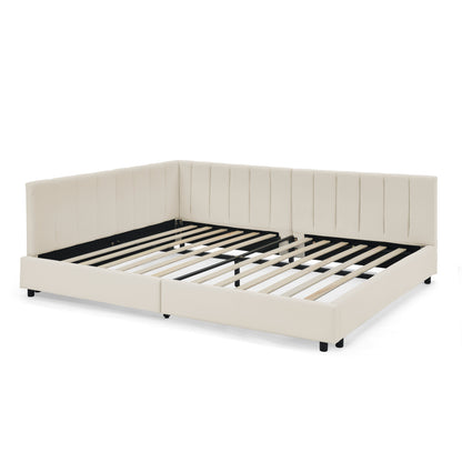Doppelbett 160×200 cm aus Samt mit hoher Rückenlehne, stabiles Bettgestell aus Holz & Metall, ideal für Schlafzimmer & Familienzimmer, Beige (ohne Matratze)