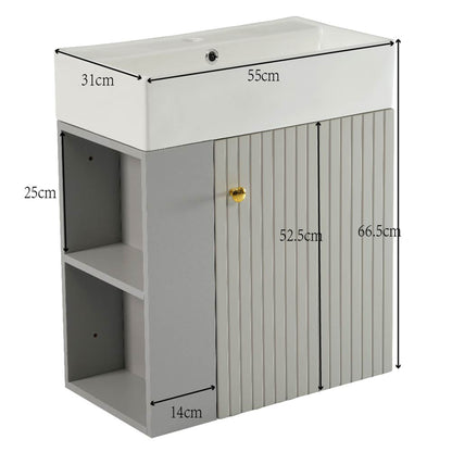 Waschbecken mit Waschtischunterschrank, Waschtischunterschrank , Waschtischunterschrank hängend hellgrau , Kleine Gästebad Möbel