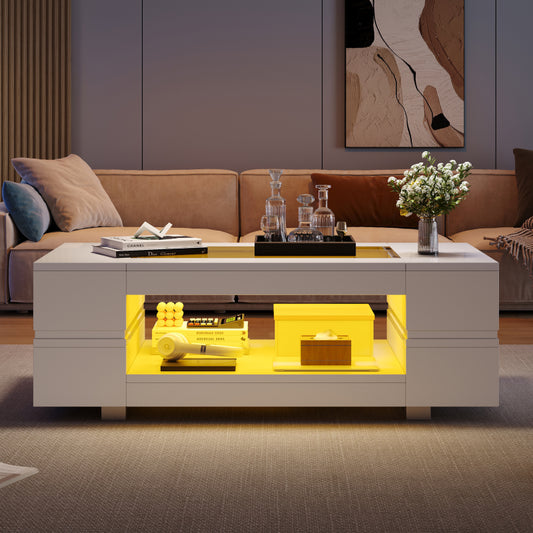 Weißer LED-Couchtisch mit Bluetooth-App-Steuerung, Kaffeetisch, Sofatisch, Wohnzimmertisch, geeignet für Party, Büro, Wohnzimmer