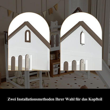 Hochbett, Mit Dach und Fenster, Mit dreistufiger gerader Leiter, Jugendbett, Kinderbett mit Rutsche,  Kiefer+MDF, Weiß+Walnuss, 90x200cm