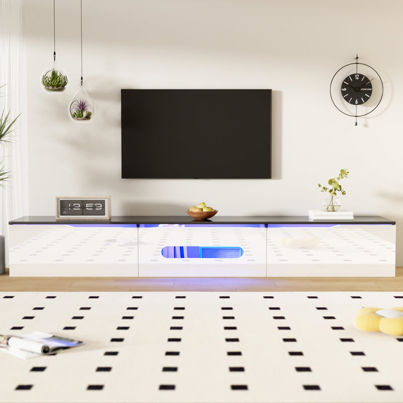 Schwarz-weißer TV-Schrank, 180 cm lang, Hochglanzoberfläche, mit 16-farbiger LED-Beleuchtung, wandmontierbar