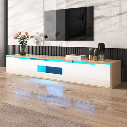 TV-Schrank, Hochglanz-TV-Schrank, farblich passend zu Hochglanz-Weiß und Holzfarbe, mit farbwechselndem LED-Licht.