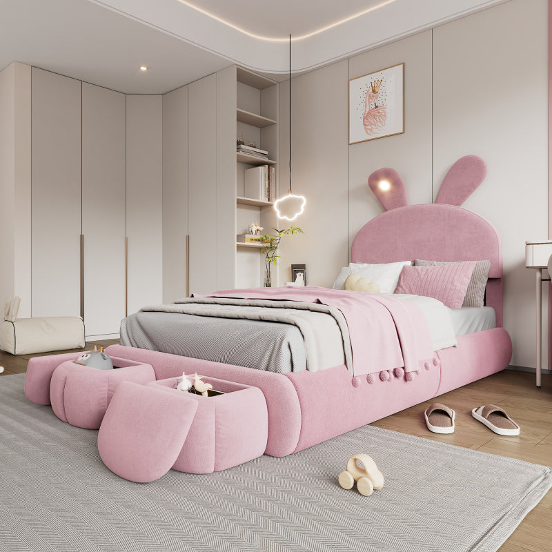 Polsterbett, Einzelbett, Hasenohren mit einstellbarer Helligkeit warmfarbenen Lichtstreifen, mit zwei Aufbewahrungshockern, Kinderbett mit Holzlatten, Samt, Rosa, 90x200cm