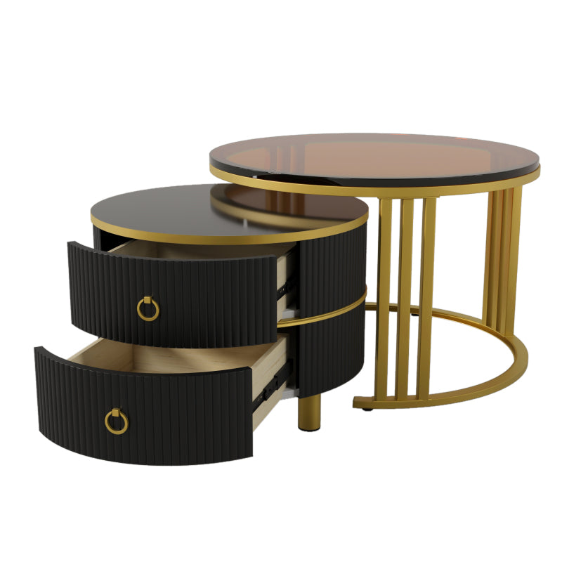 2-in-1 runder MDF-Couchtisch, Beistelltisch mit 1 Hochglanz-Tischplatte und 1 brauner Tischplatte aus gehärtetem Glas, Wohnzimmer-Couchtischkombination mit 2 Schubladen, 70*70*45 + 50*50*40 cm