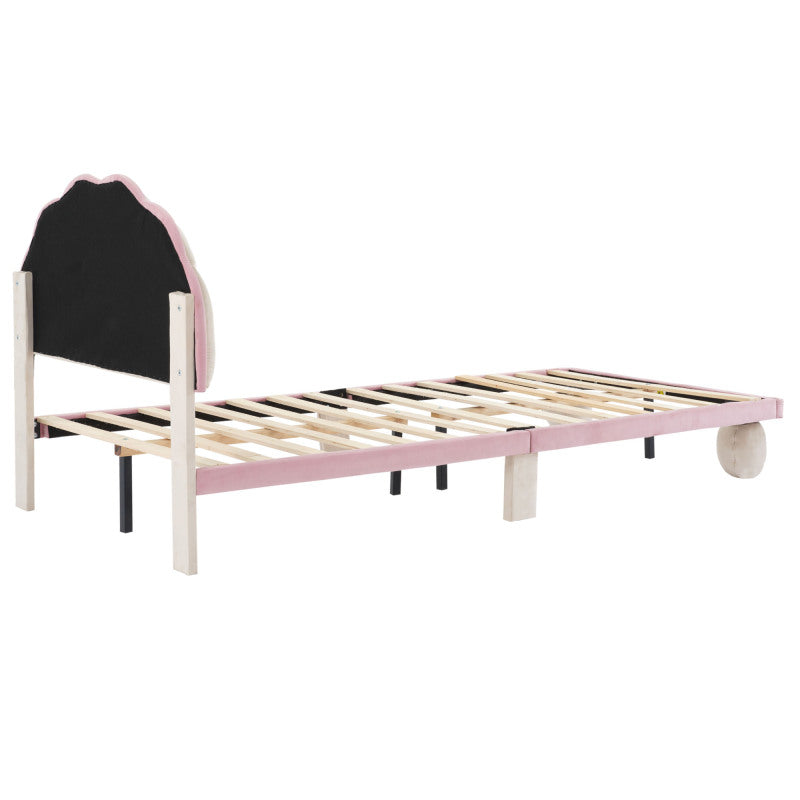 Polsterbett mit mehrfarbigen, wechselnden LED Lichtstreifen, Kopfteil mit Wellenschliff, mit gepolsterter runden Beine, Kinderbett mit Holzlatten, Einzelbett, Samt, Beige+Rosa, 90x200cm