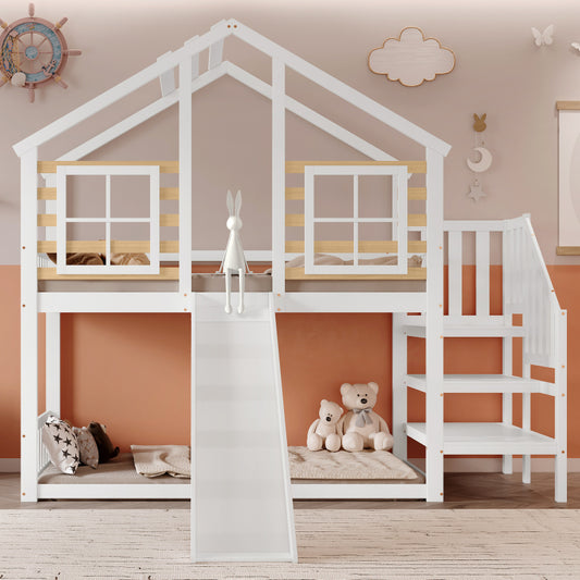 Etagenbett, Holzbett mit Treppe und Gitter, mit Rutsche und Fenster, Blockhaus Kinderbett mit Absturzsicherung, Bettrahmen aus Massivholz, Weiß(90x200 cm)
