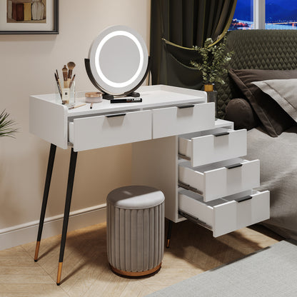 Weißer Schminktisch(Ohne Stühle), Enthält ausziehbare Seitenschränke, mit Spiegel einstellbare Helligkeit, mit 5 Schubladen, Großer Frisierkommode Schlafzimmermöbel Vanity, Weiß