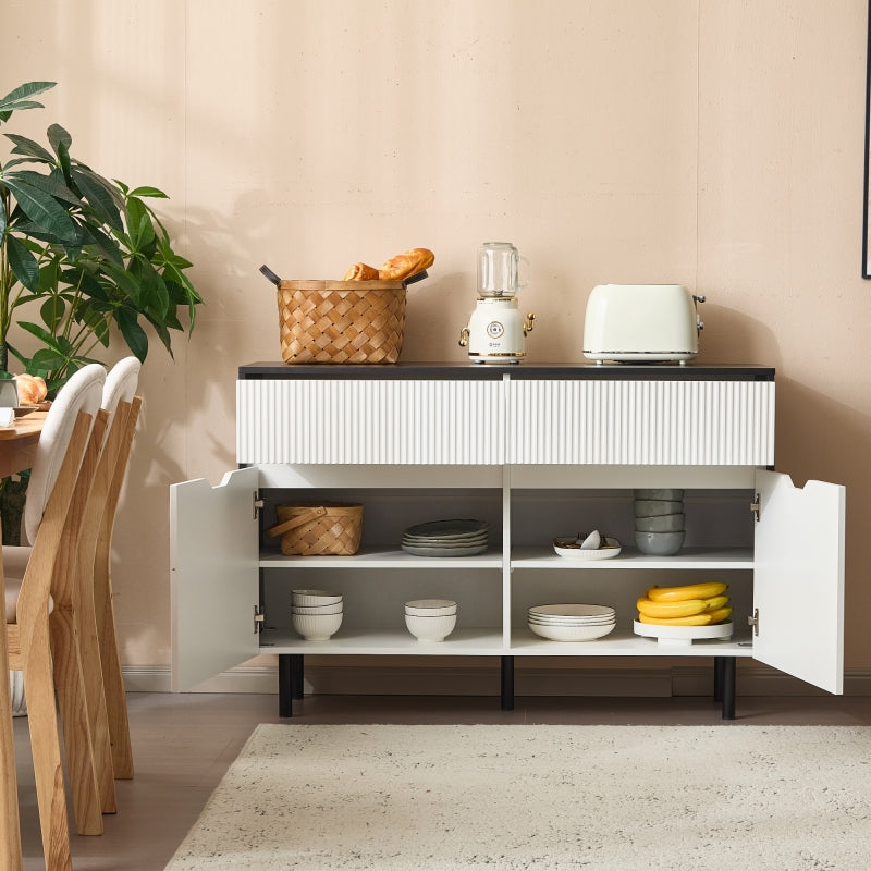 Aufbewahrungsschrank 120cm mit geriffelten Schubladen, schwarz-weißes Design, verstellbare Einlegeböden, 2 Türen, Sideboard-Buffet, Schrank-Organisator für Küche, Wohnzimmer, Esszimmer