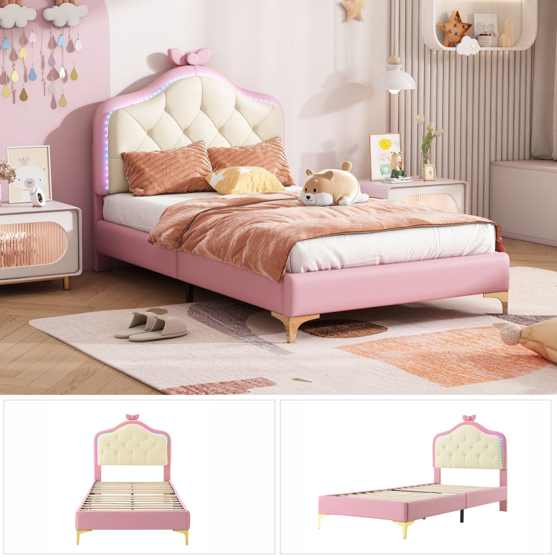 Polsterbett, Einzelbett, Wellenform mit Zugpunkt am Kopfende des Bettes, rosa Schleife, mit mehrfarbigen, wechselnden LED-Streifen, Kinderbett mit Holzlatten, Einzelbett, PU, rosa Bettrahmen, 90x200cm