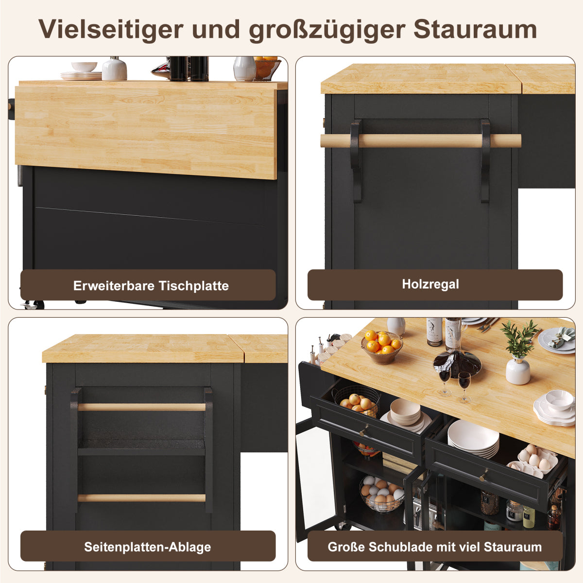 Kücheninsel mit Rollen & Glastüren, klappbare Arbeitsplatte, mobiler Servierwagen mit Schublade & Regal, Küchenwagen Schwarz & Holzoptik