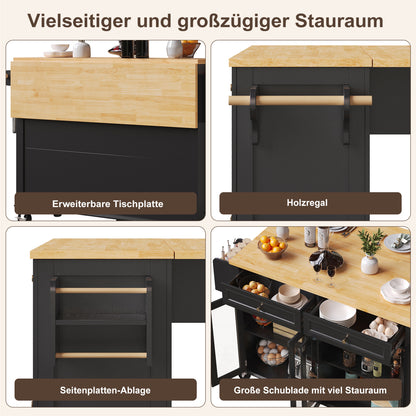 Kücheninsel mit Rollen & Glastüren, klappbare Arbeitsplatte, mobiler Servierwagen mit Schublade & Regal, Küchenwagen Schwarz & Holzoptik