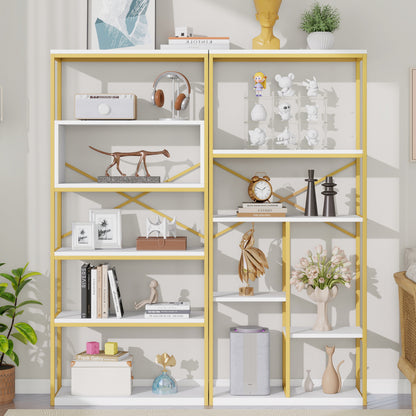 Regal 160x29,5x180 cm aus Stahl & MDF, modernes Bücherregal mit Gold-Weiß-Design, stabile Struktur & offene Fächer, leicht zu montieren