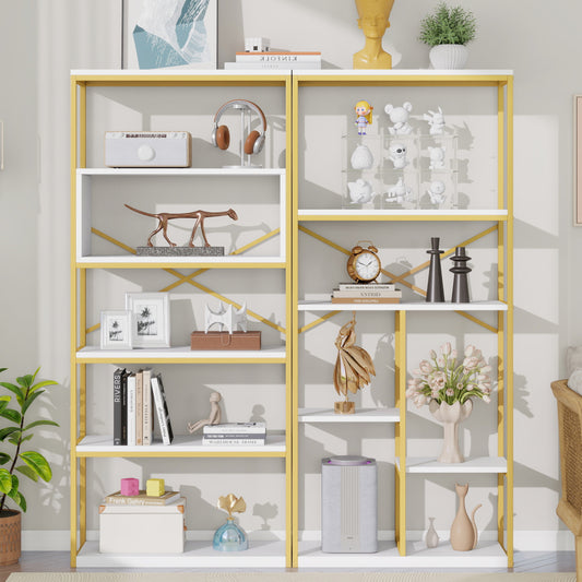 Regal 160x29,5x180 cm aus Stahl & MDF, modernes Bücherregal mit Gold-Weiß-Design, stabile Struktur & offene Fächer, leicht zu montieren