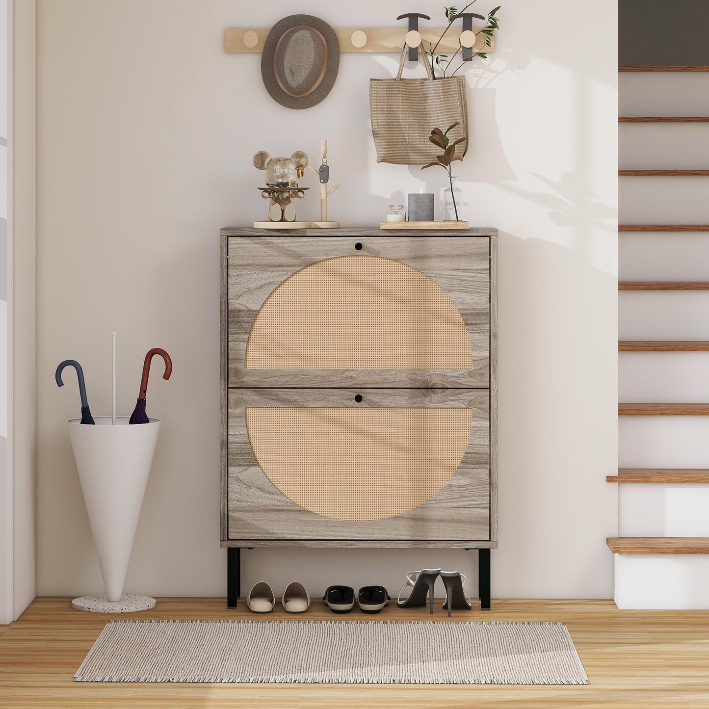 Schuhschrank mit zwei Türen, austauschbaren halbrunden Türfronten und Rattan-Oberfläche, geeignet für den Eingangsbereich und andere Szenen, Retro-grauer