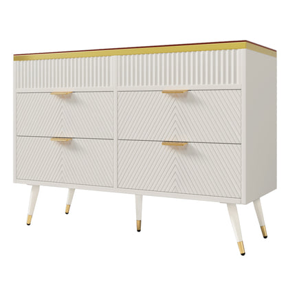 Kommode Sideboard aus Bernstein Glas, Kommode mit 6 Schubladen,Facheinteilung, kippsicher, Hochschrank für Schlafzimmer und alle Wohnräume, 120 x 40 x 76 cm, weiß