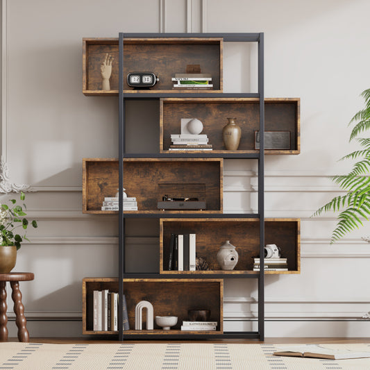 Bücherregal, 5 Etagen, mit Einlegeböden, Holzmaserung braun mit schwarzem Stahlrohr