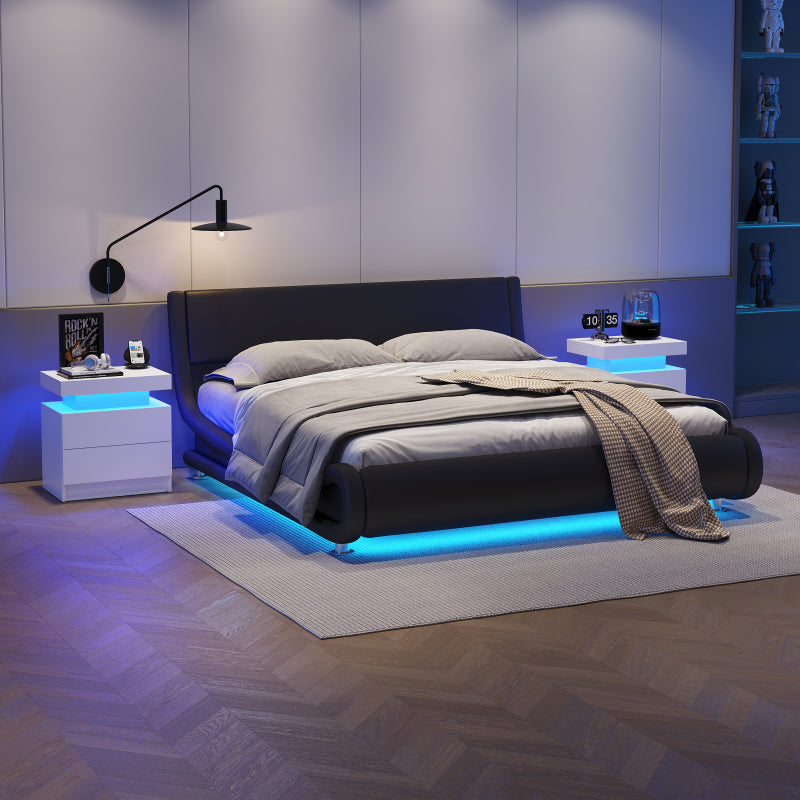 Nightstand LED Bedside Table Cabinet Lights Modern End Side with 2 Drawers for Bedroom (White)