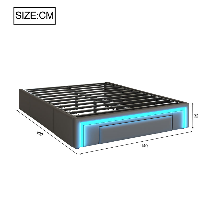 Bettgestell 140X200 mit Schubladen, PU-Leder Bett ohne Kopfteil Mit LED-Lichtleiste, MetalllattenPlattformbett für moderne Schlafzimmer Grau