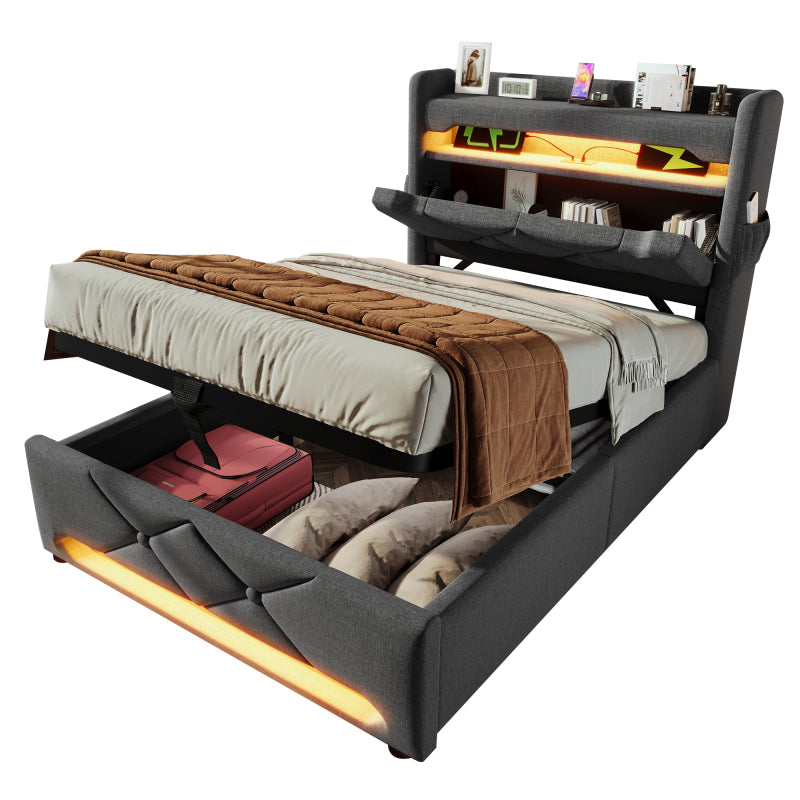 Polsterbett Einzelbett 90*200, Stauraum Kopfteil mit USB und Typ C-Port ,360-Surround-LED-Funktion rund um Kopf- und Fußende des, Betten mit Hydraulisch Stauraum, Grau , Leinen(Mit Matratze)