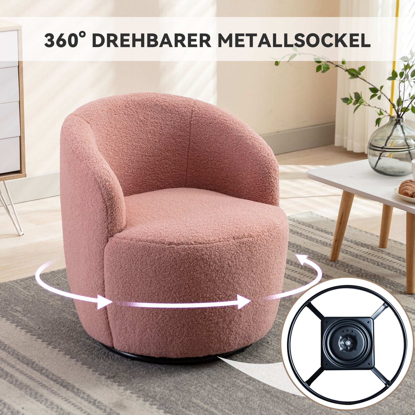 Drehbarer Akzentsessel aus weichem Teddy-Stoff mit Metallring in Pulverbeschichtung, Rosa