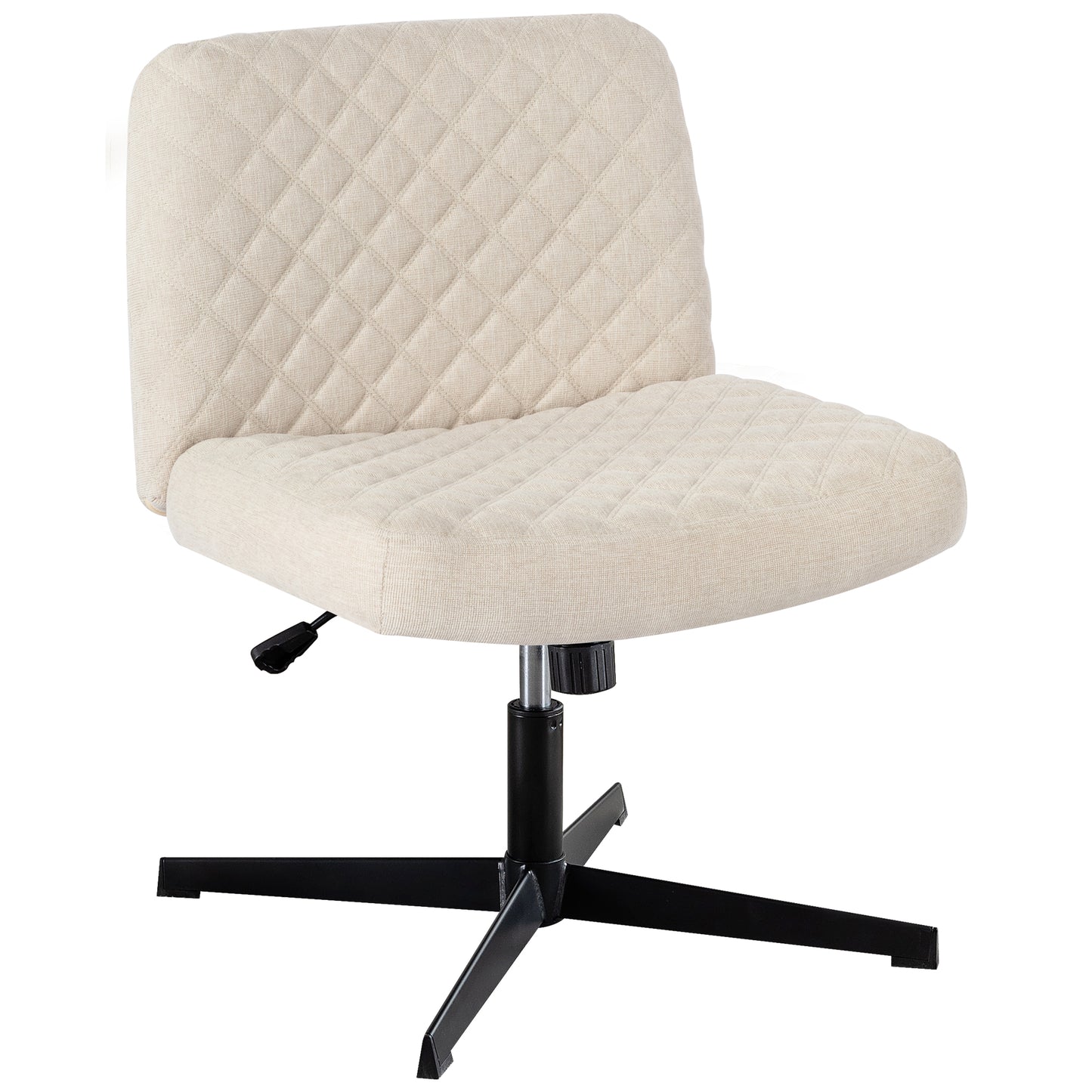 Bürostuhl Ohne Armlehnen,Home Office Stuhl Keine Räder,Heavy Duty Metallbasis,120°Schaukelnder breiter Sitz Ergonomischer Stuhl, Dicken gepolsterte Dreh Eitelkeit Stuhl für Heim und Büro Cream+Linen+Metal