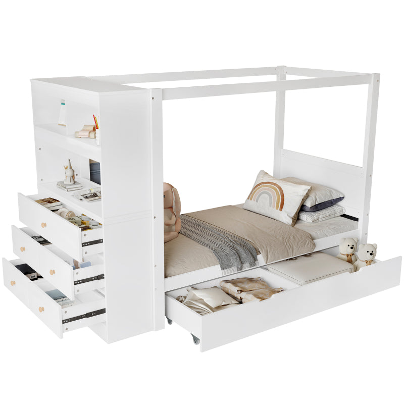 Einzelbett, Kinderbett mit Fallschutz und Gitter,  Holzbett mit Stauraum, Weiß+Natur,  90x200cm