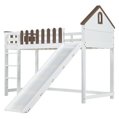 Hochbett, Mit Dach und Fenster, Mit dreistufiger gerader Leiter, Jugendbett, Kinderbett mit Rutsche,  Kiefer+MDF, Weiß+Walnuss, 90x200cm