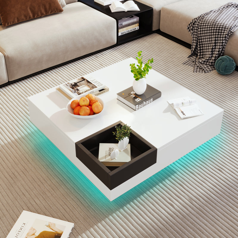 Couchtisch, Hochglanz-Wohnzimmertisch, Beistelltisch mit abnehmbarer Aufbewahrungsbox, Farbblockweiß und Schwarz, 72*72*30 cm, Mit LED-Lichteffekt